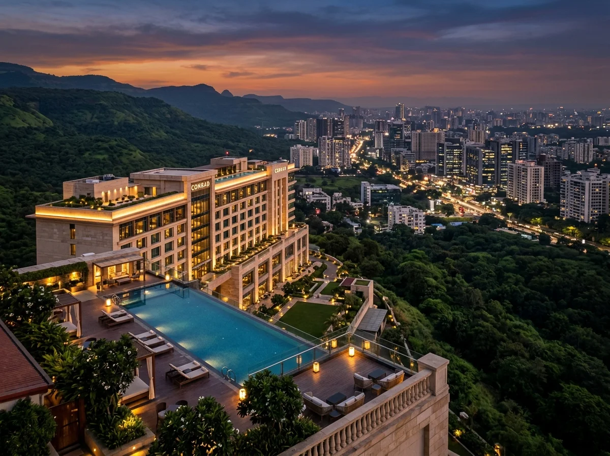 Pune contemporary luxury hotel skyline and upscale Koregaon Park district